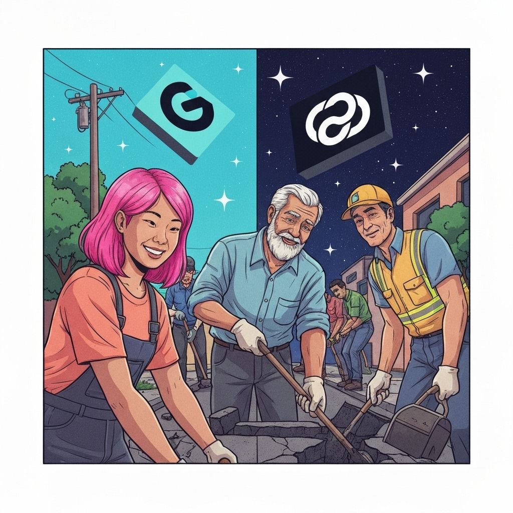 Local community members helping each other vs corporate logos in space